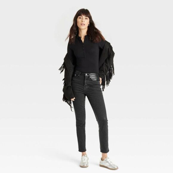 Universal Thread - Women's Mid-Rise Faux Leather 80's Slim Jeans - Un Black - Picture 1 of 4